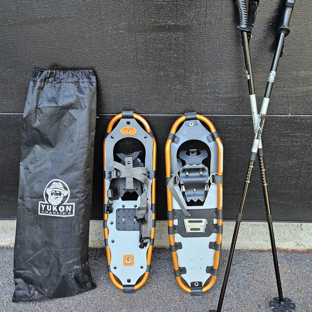 Yukon Charlie's Orange and Gray Snowshoes with Poles